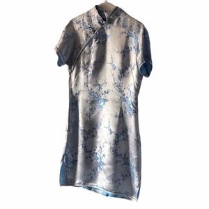 90s vintage qipao silk baby blue mini dress